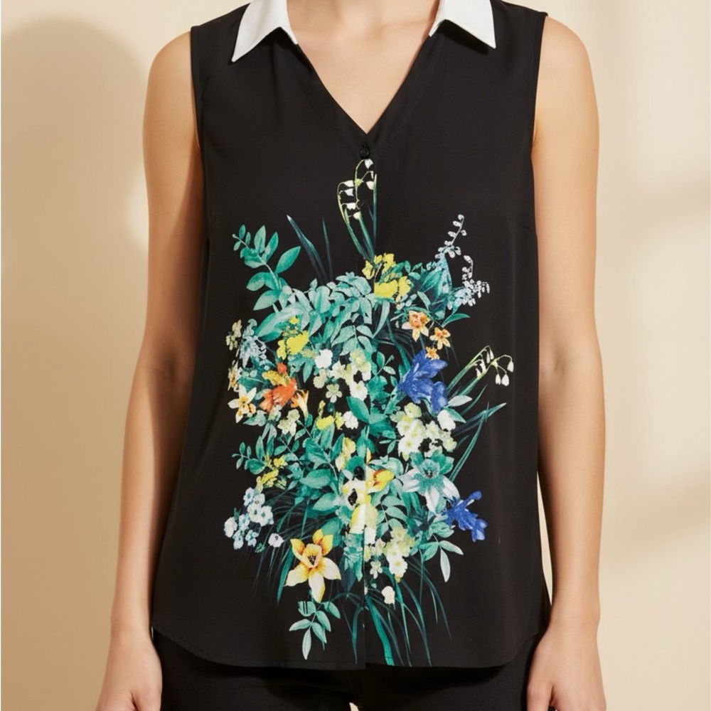 Alfani Women's Floral Sleeveless Blouse with Contrast Collar